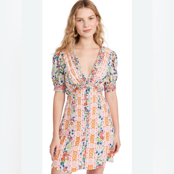 Saloni Lea Smocked Floral Print Crepe Mini Dress Sz. 2 White Orange Pink V Neck - Picture 1 of 16